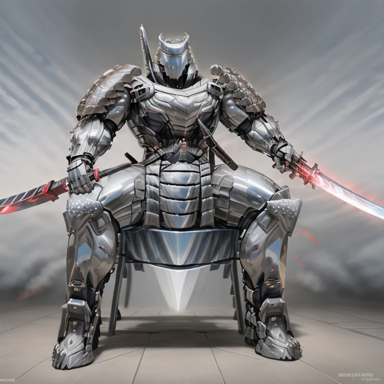 silver samurai.
- masterpiece, best quality, full body, 1boy.
- The background is a future city.
- armor suit, (full armor, cyborg, science fiction, combat helmet) 
- dominating silver samurai. macro. stomp. Low-angle perspective. emphasizing the immense size.
-  The Silver Samurai looks majestic as he sits on his silver mechanical throne. The throne has a backrest.
- holding sword. holding katana.
- The Silver Samurai wears a very wide and long silver cloak.  
- The claws are sharp. 5 toes.
- full body, No face, 
- looking at viewer, 
- covered in full metal armor, armored samurai,
- GTS, macro, giant. footstomp. stomp, giant,