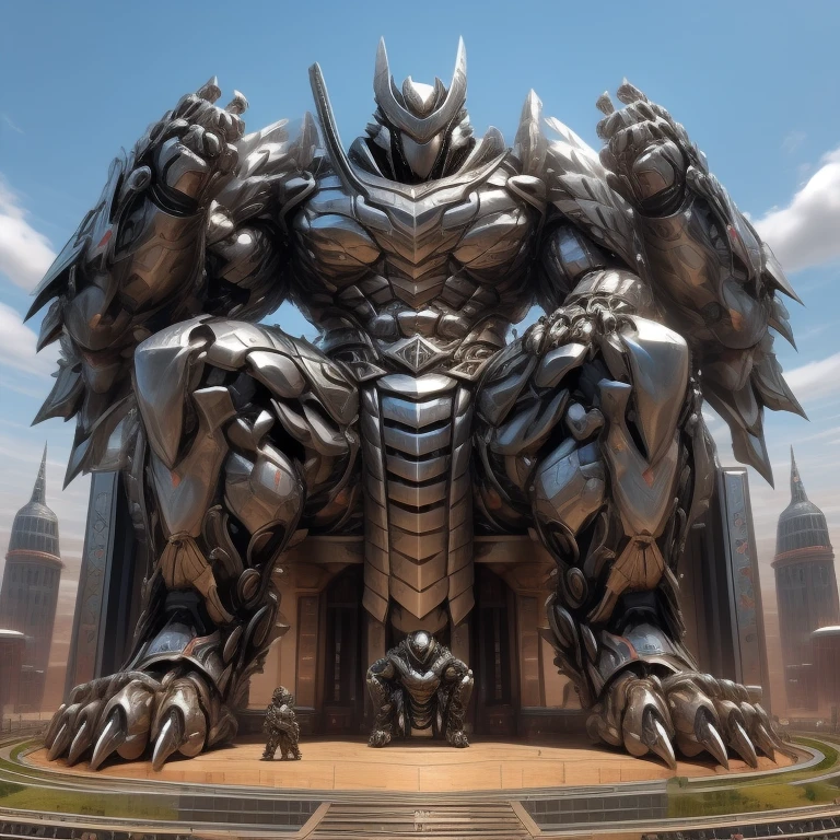 (Solo. masterpiece. official art. 8k. best quality. detailed full body. full body.)
(situation 1 : dominating Shiny_Mega_Lucario. Shiny_Mega_Lucario is over 1000 meters long. focus GIANT mechanical Muscular Shiny_Mega_Lucario is trampling the city. Looking down. macro. stomp. Low-angle perspective. emphasizing the immense size.)

(situation 2 :smoke and flames rising from the destruction in the city)

(Additional details 1: wearing a full-face helmet. golden armor. Armored Flazzard. Armored_Flazzard. high-tech bio-mecha armor. real texture material. whole body shines like metal. Wearing cyberpunk mecha. emphasizes the muscles. suit fully made of metal. intricate armor. Robotic suit. suit fully made of metal. cyborg. He is wearing a golden cloak.).

(Additional details 2: (Detailed head. Detailed Body. Detailed abs. gigantic muscles. HYPER MUSCLES. Gigachad Muscular. big muscle. pecs. triceps. traps. unusually developed muscular body. body full of huge muscles. showing off muscles. pectorales enormes. Exaggeratedly huge muscles. huge muscles. long legs.).

(Additional details 3: Spread wings. It has wings. have big wings. The claws are sharp. Sharp teeth).

(Additional details 4: golden hyper penis. hyper golden penis. big penis)