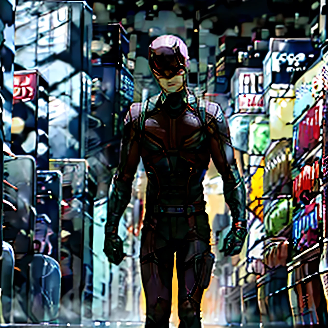 Daredevil walking through a city at night 