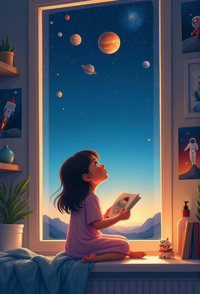 Imagine a sitting on the floor, surrounded by scattered sheets of paper. Each sheet shows a different scene: a baby being born, a person missing a bus, a bustling alien civilization. The is actively painting on a new sheet, capturing another moment. The background should hint at a cosmic setting with stars and galaxies, blending the idea of the universe being painted one moment at a time. Style: Vibrant and whimsical, reminiscent of a children's storybook illustration.