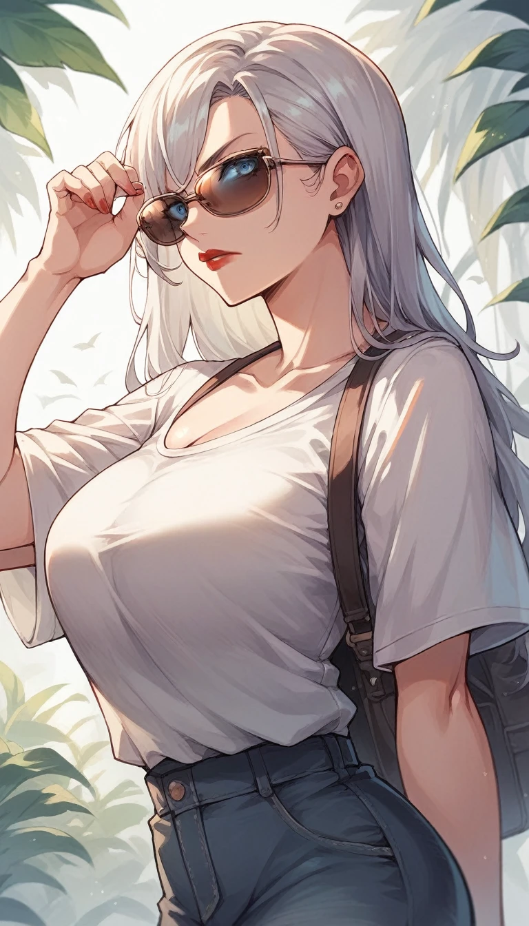 （lifelike， high - resolution：1.3）， 1 girl with a perfect body，slender body, Super fine face and eyes，assasin, dark makeup, shiny skin，white hair,((torn and ripped jungle clothes underneath lab coat)， Expose cleavage, extravagant makeup, pink eyeshadow, dark makeup shocked expression,  shiny skin, action pose, extravagant makeup, leopard print, lab coat, savage lands, feral lands, (waterfall, soaked), grey blue eyes
