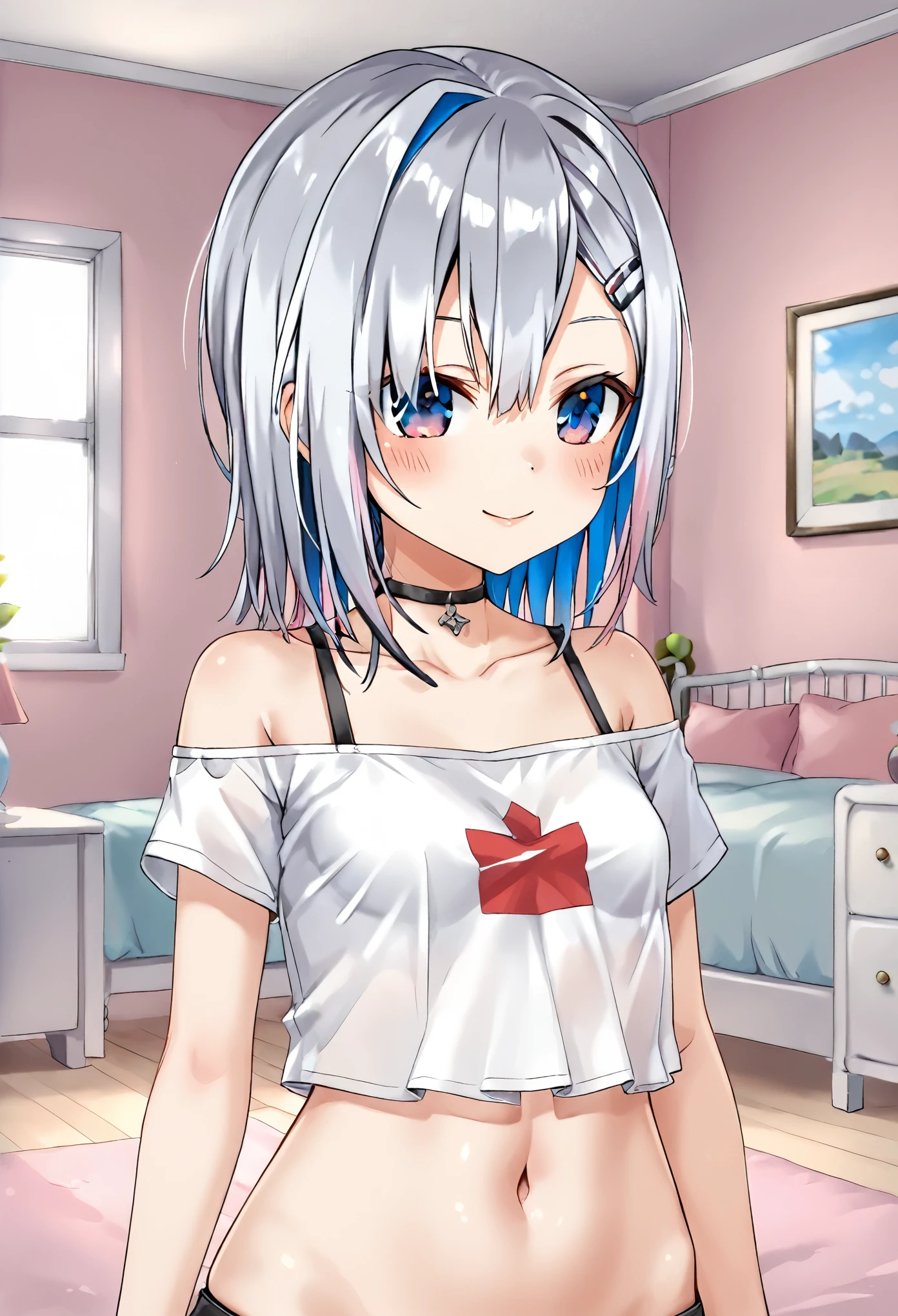 four_Canada, Canada_punk, medium hair, hairclip, black choker, simple shirt,(Small convex breasts),bedroom、blush,smile,Upper Body、((front、Look this way))