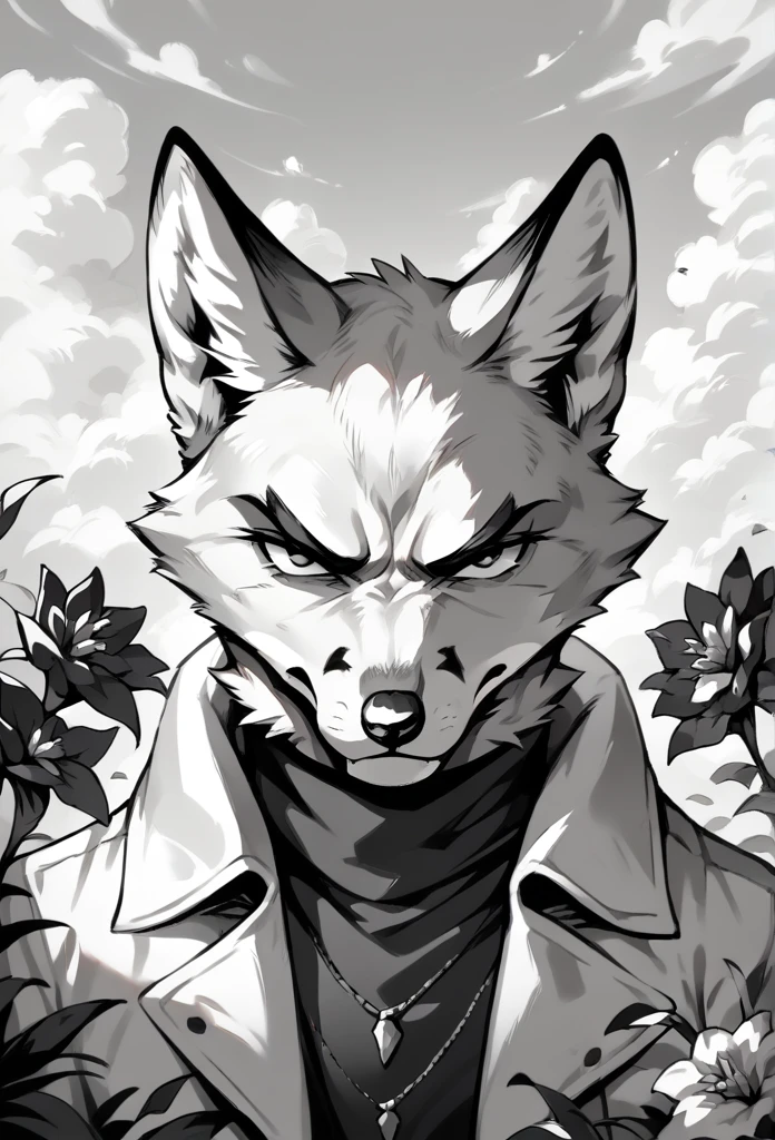 A fox, Black and white fur, wearing white suit, Looking at the viewer, Serious, seriously, detailed face, flowers around, clouds and sunset in the background.