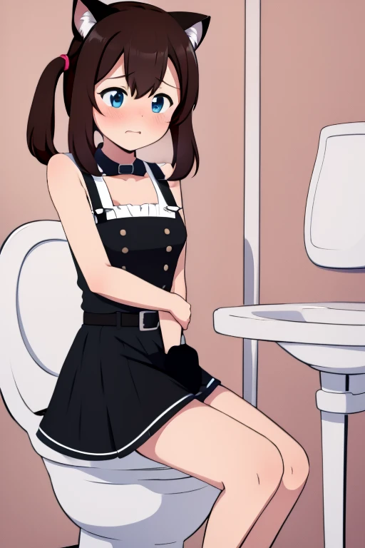 Sit on the toilet by yourself, Must go to the toilet, cartoon, looking at camera, Awkward, blush, on skirt, ,  gasp, sweat, blue eyes, brown hair, ，Cat girl white belt black cat ears maid costume，Someone is watching