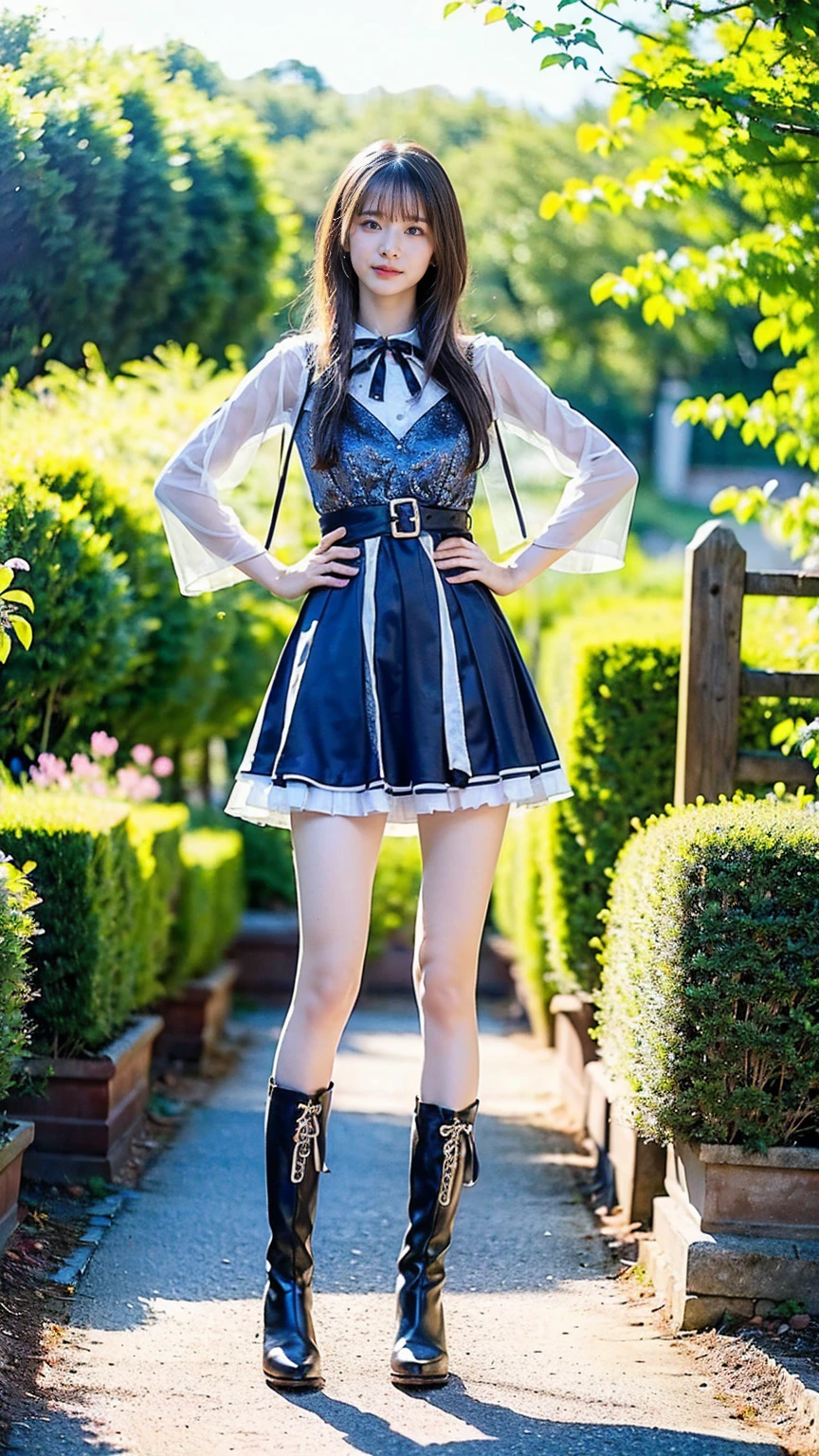 (8k、RAW Photos、Best Quality、masterpiece:1.2)、(Realistic、Realistic)、1 person、((See-through、Medium Hair、Ribbon on chest、black and blue dress、Thin legs、boots、View from the front、Looking into the camera、garden、Stand with hands on hips))、cute