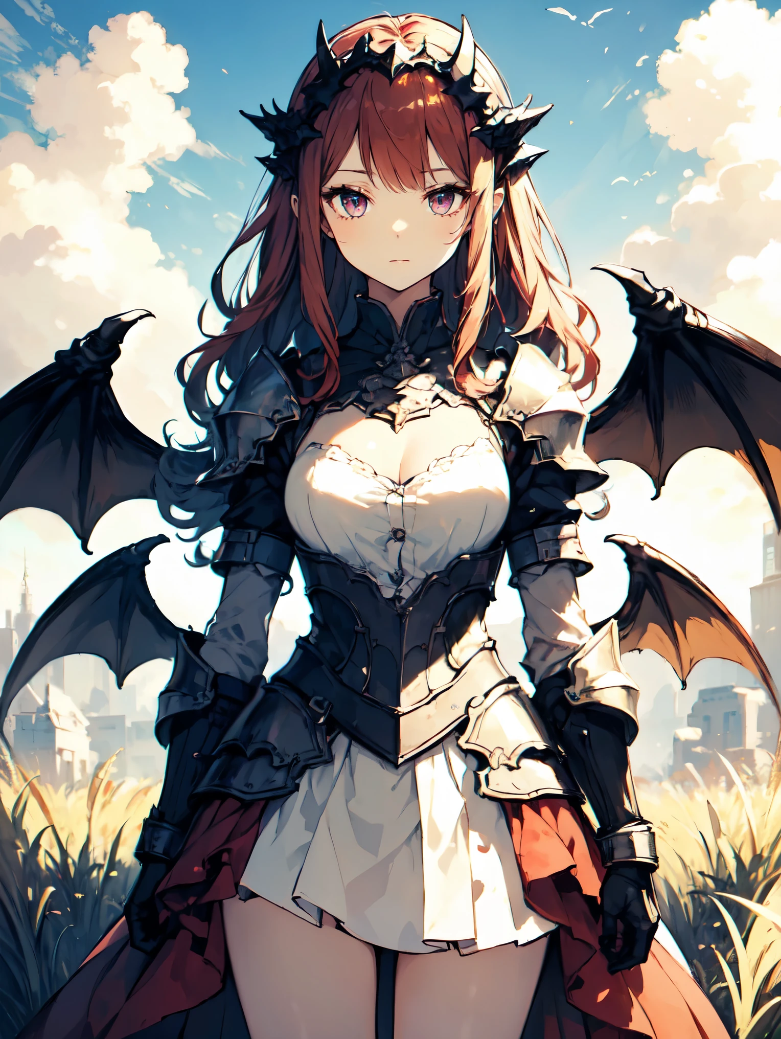 masterpiece, concept art, cowboy shot, centered, 1girl, kawaii dragon knight, dragon wings, red hair, violet eye, wavy long hair, grassland, cloud, sky, vibrant color, epic composition, epic proportion, HD