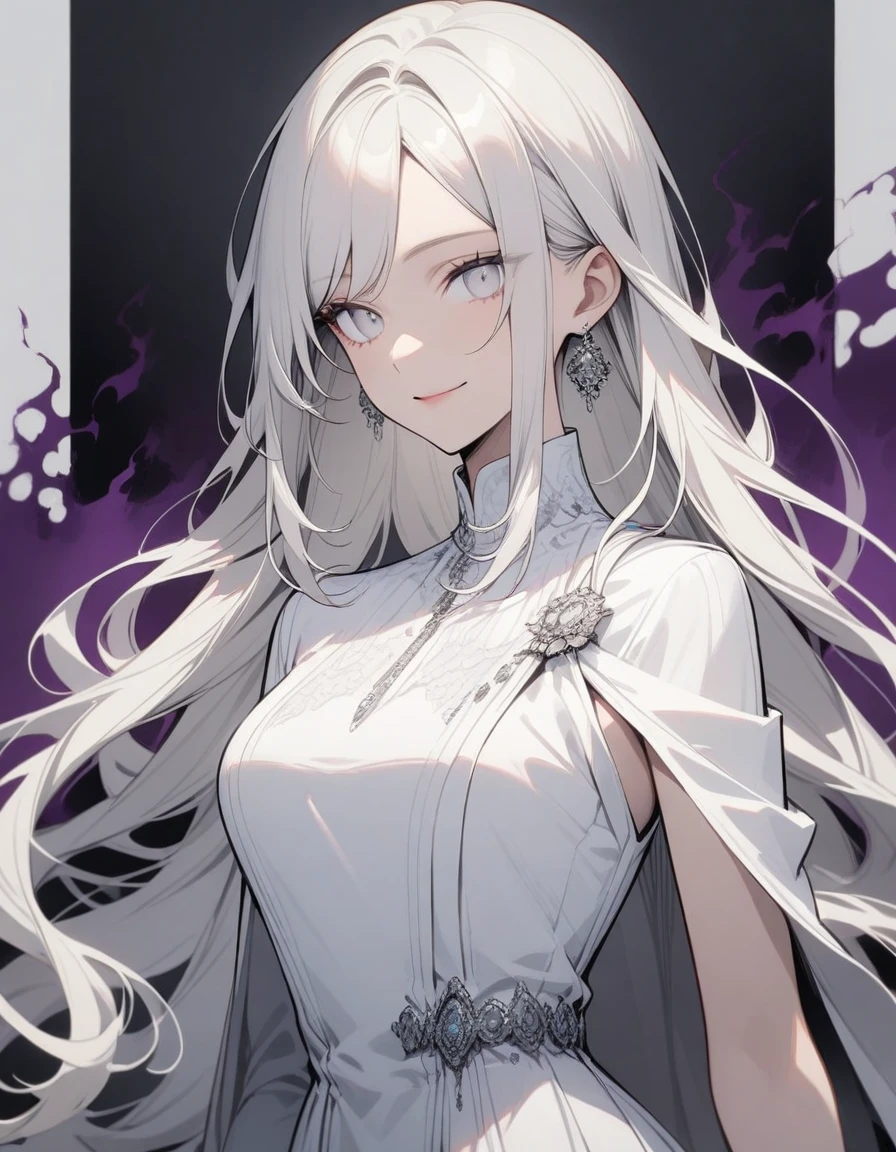 black and white drawing, black background, detailed face, Beautiful Woman1, long straight hair, white hair, a crying face, Pose with open arms asking for a hug, wearing a white dress