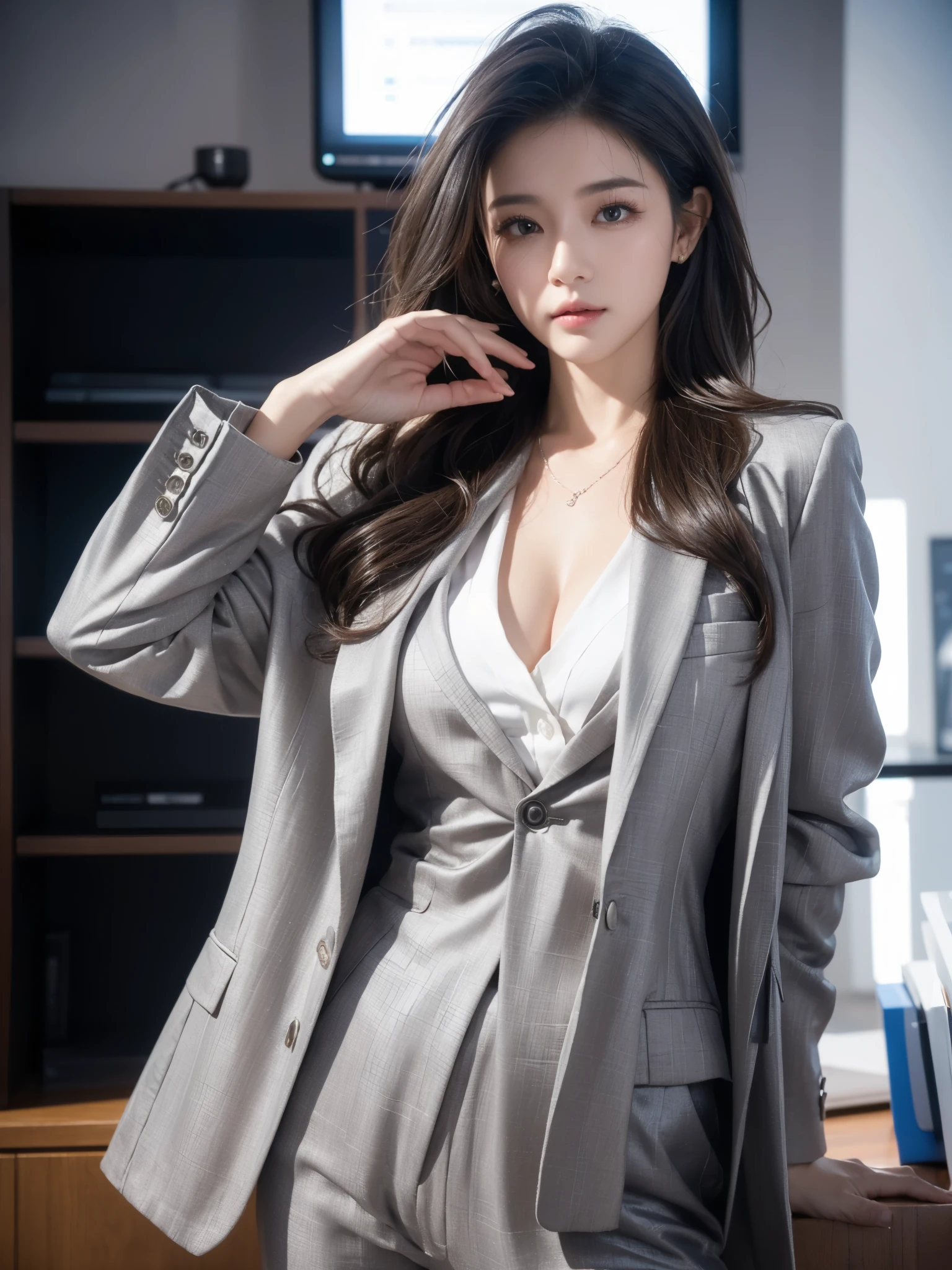 Realistic, High resolution, Soft Light,1 Female, Alone, Hip Up, Glowing Skin, (Detailed face), jewelry, grey suit, open jacket, Office Lady, suit, pants, night, Gray Hair, Wavy Hair, Beautiful soldier, Eyes that beckon the viewer, Lover&#39;s point of view, Attractive expression, Sexy smile, Perfect Style, Perfect balance, Detailed skin, Mischievous Gaze, I can see your chest