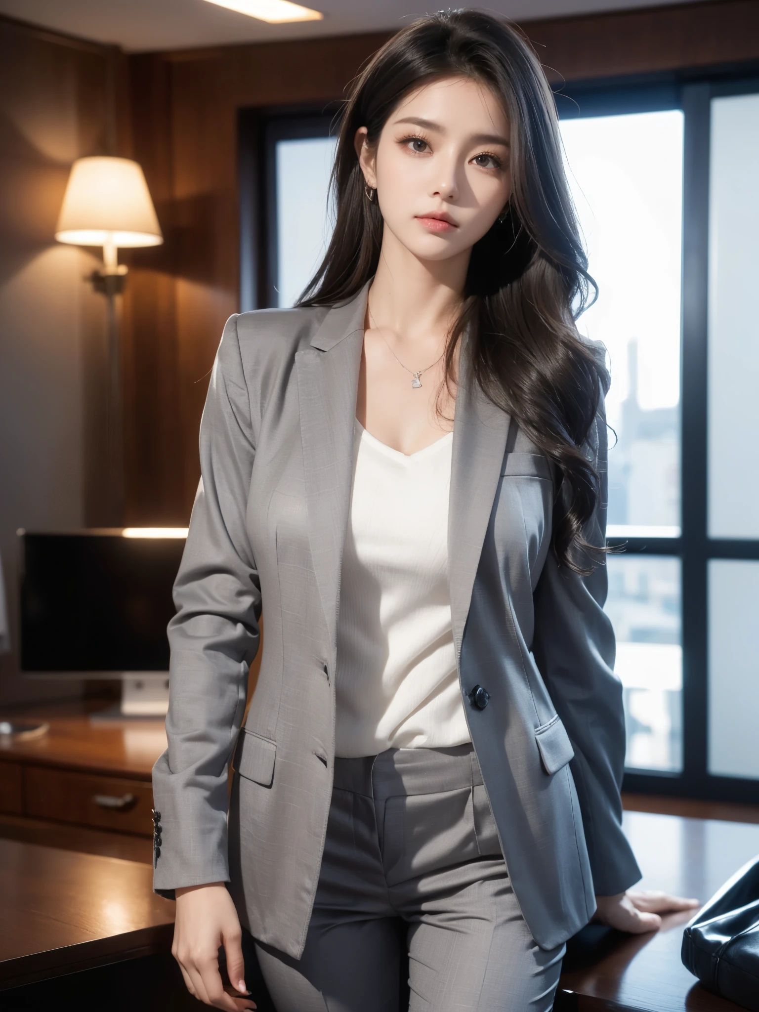 Realistic, High resolution, Soft Light,1 Female, Alone, Hip Up, Glowing Skin, (Detailed face), jewelry, grey suit, open jacket, Office Lady, suit, pants, night, Gray Hair, Wavy Hair, Beautiful soldier, Eyes that beckon the viewer, Lover&#39;s point of view, Attractive expression, Sexy smile, Perfect Style, Perfect balance, Detailed skin, Mischievous Gaze, I can see your chest