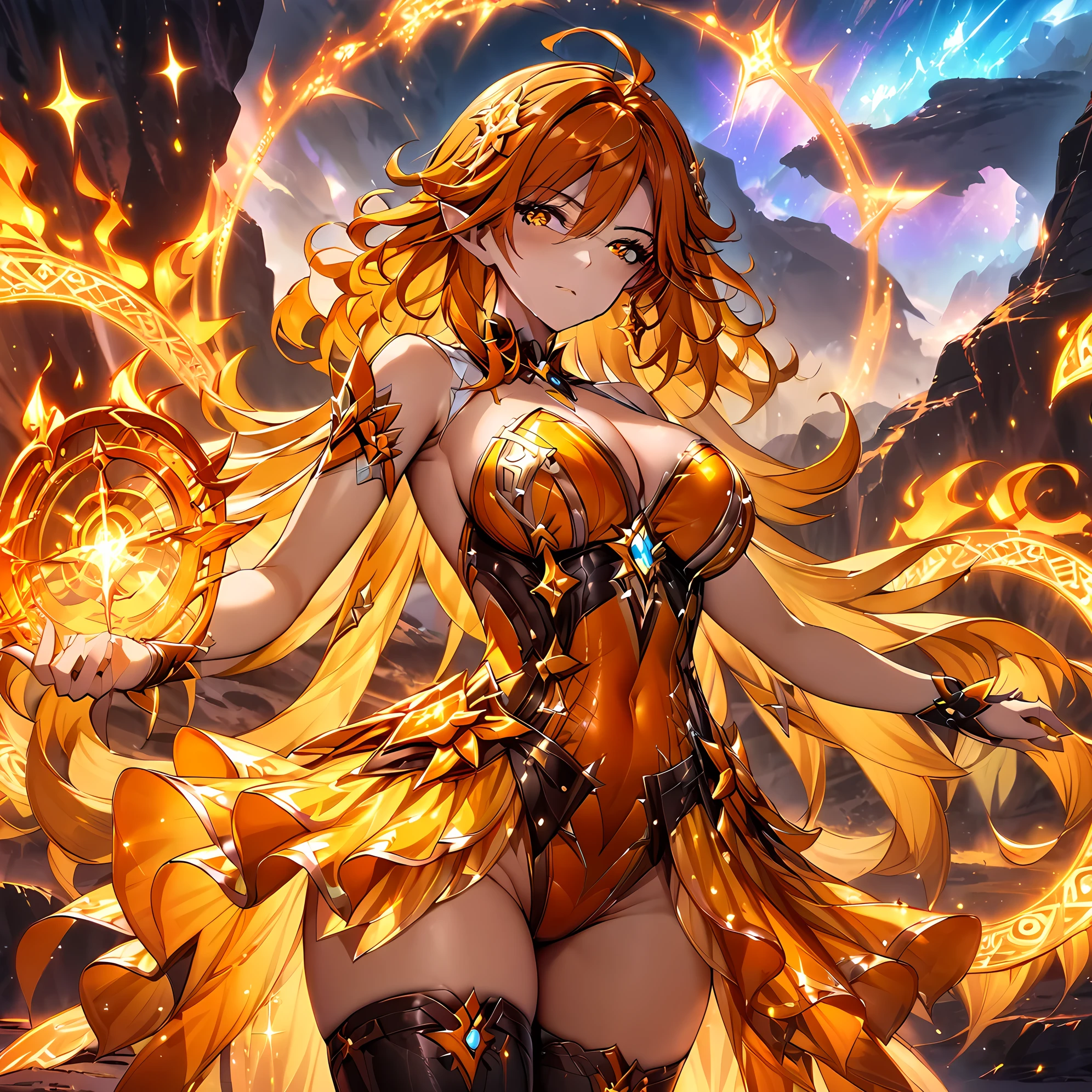 (masterpiece), best quality, expressive eyes, perfect face,1girl,mavuika,genshin impact,mature woman,big breasts,pointy ears,bare arms,(magical girl:1.4),(magical girl costume:1.3),strapless,bare shoulders,bioluminescent dress,(dark orange leotard:1.6),cleavage,(showgirl skirt:1.6),thighhigh boots,fire wings,blush,fantasy sky,volcanic background,fantasy lighting,cowboy shot,dynamic angle,(sparkle:0.9),(glitter:0.9),[[fire magic circles]],seductive expression,looking at viewer