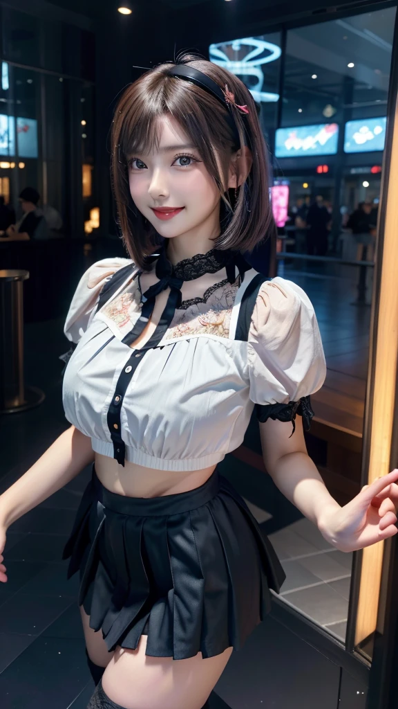 (Highest quality, masterpiece, Ultra-high resolution, 8k, RAW Photos, Realistic, Anatomically correct:1.5), 20-year-old girl:1.2, Embarrassing, avert your eyes, blush:1.0, View Viewer, ((bar)) 、Large windows、Night view、 Light:1.2, Bokeh, Cinema Lighting:1.0, Depth of written boundary, sharp、 Cute Face、Idol、(Black short sleeve lace top)、(Black tulle skirt)、”dwarf”、(Floral clothes)、(Full Body Shot)、Side angle、Cowboy Shot、( smile)、((Ultra short hair、Berry Short))、(Straight bangs)、((See-through))、(( One woman))、Waist、I can see your thighs、