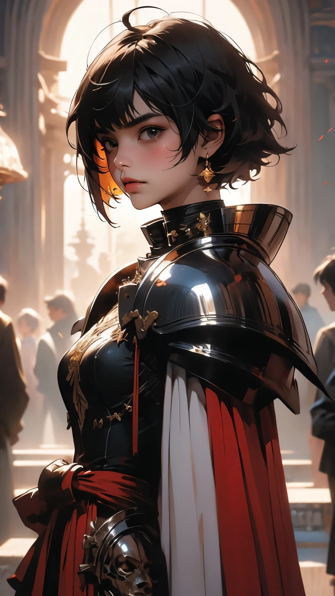 ((Masterpiece)), envision a 8k, highres, cinematic, extremely beautiful semi realistic portrait of a beautiful Asian Girl with a cute face, slender curvy body, petite, soft face, short pixie cut brown hair, side locks, long sweeping bangs, (brown eyes), soft lips, lip gloss, thick eyebrows, (((ahoge))), Knight armor, Golden,Shiny, shoulder cape, ((((1girl)))), in dark lighting, against a dark gray background