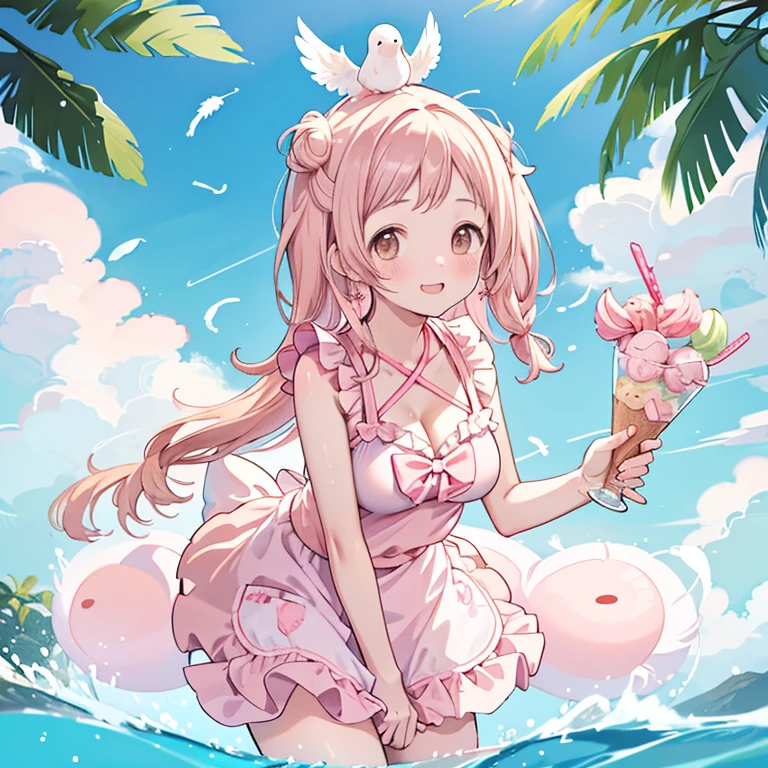 Sakuragi Mano, mega breasts, (pink cross halter bikini), cleavage, smile, Fluffy, Healing, (a white pigeon on head), ((feathers)), frill, blush,　calm atmosphere, , pool, summer, Top knot, eating pink ice cream, brown eyes, ice cream earrings, ribbon, pink apron,