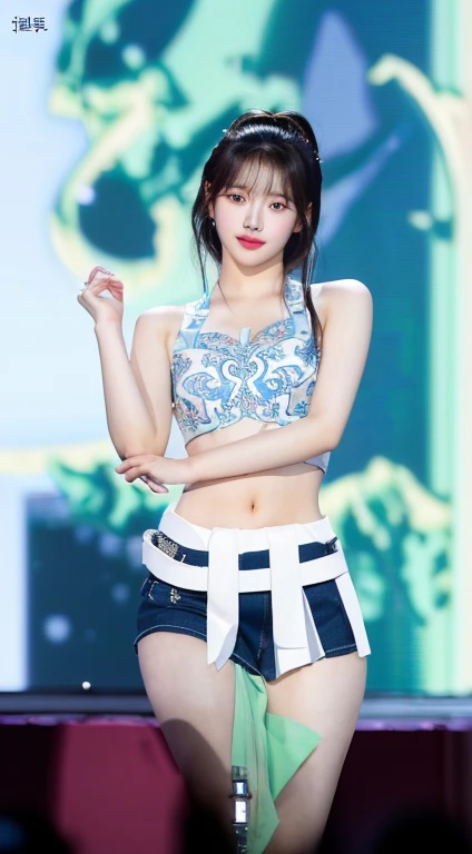 a close up of a person on a stage with a microphone, sun yunjoo, jia, korean idol, heonhwa choe, full body xianxia, hwang se - on, sha xi, jaeyeon nam, taejune kim, jinyoung shin, jiyun chae, lee ji - eun, lee ji-eun, ruan jia beautiful!, 🤤 girl portrait, hyper realistic aesthetic, small freckles, hyper realistic teenager, barbie doll, freckles!!!, detailed face, realistic, Físico : el abdomen más pequeño jamás visto, jisoo from blackpink, popular south korean makeup, quality detailed ,(beautiful makeup :1.2), Wide hips, big, big ass, (best quality, 8K, masterpiece: 1.3), Clear focus: 1.2, Perfect body beauty: 1.4, strong abs, Very detailed face and skin texture. , detailed eyes, double eyelids, (long hair), having very marked curves, with greater volume in ((hips and breasts)), which makes the waist look much smaller ((wasp waist))