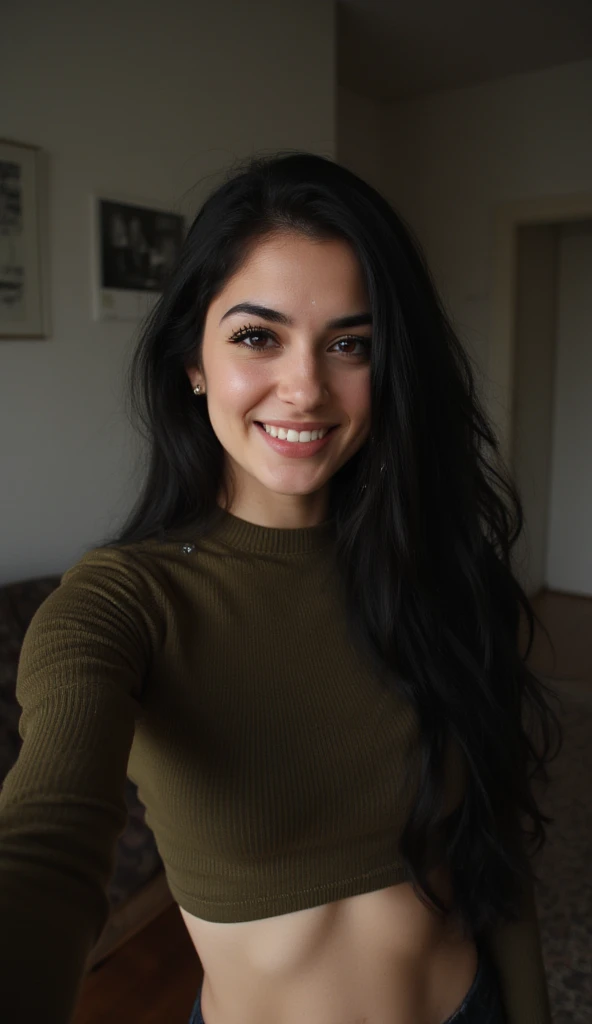 An Iphone selfie of 1girl, 1 model, cheekbones, medium size breasts, rounded breasts, cleavage, eyeliner, mascara, pale white skin, tan skin, Detailed skin with pores, follicles, wrinkles ,and a few small freckles over the body and face, comissure smile, perfect smile, fitted long-sleeve olive green ribbed crop top, freckles, natural, multiple small earrings, huge eyes, black eyes, black hair, very long sleek intricate hair, beautiful, gorgeous, cute, fit body, , (muscular body:0.3), stunning, face focus, rings, depth of field, JEWELRY, dramatic lighting, candid, perfect eyes, ((real life photo,)) spanish:0.5, (emo:0.1), petite, living room background, raw lighting, overexposed, harsh flash,
dark,Extremely Realistic,raichiyo33