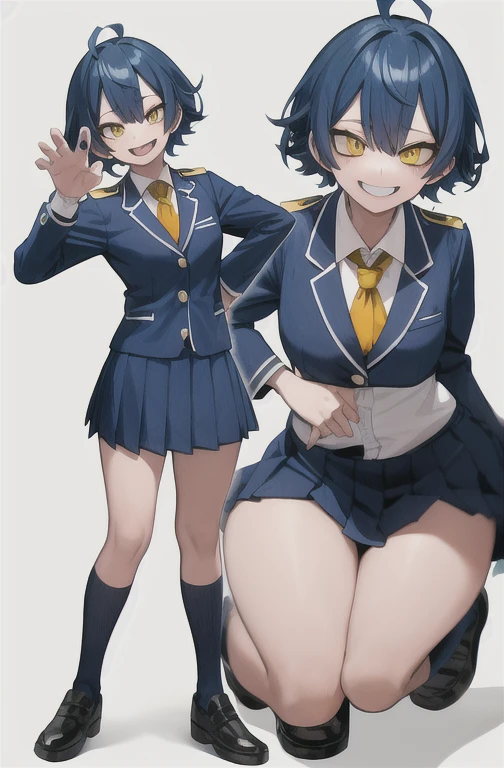 1 girl with lshort blue hair, beautiful face, cute face, smiling lewd, big boobs, thick thighs, wearing white shirt and pleated black skirt with black pantyhose, standing with legs apart, hands on her hips, view from below, store backgound, ultra high resolution, crispy clear image, masterpiece ((character sheet style)), (close up on face)