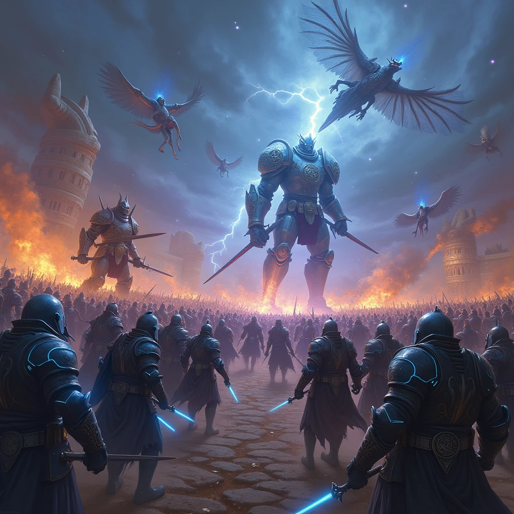 In a vast, war-torn battlefield under a stormy, starry night sky, two mighty armies clash in an epic showdown. On one side, a legion of futuristic knights in sleek, black and silver armor, illuminated by glowing neon lines of blue and purple, charges forward. Each warrior wields an advanced weapon that blends ancient craftsmanship with cutting-edge technology, such as plasma-infused swords and shields that project shimmering, holographic energy barriers. Their helmets display intricate glowing runes, and their eyes shine with an eerie, determined light.

On the opposing side, an army of ancient, magical warriors in ornate, golden armor adorned with intricate engravings depicting mythical creatures stands ready. Their weapons radiate with a mystical aura, some carrying enchanted blades that flicker with magical fire, lightning, or ice, while others wield colossal staffs that conjure swirling tornadoes of elemental energy. Around them, ethereal spirits and ghostly dragons circle the air, lending their power to the warriors below.

As the two sides clash, massive explosions of light and magic ripple through the air, sending shockwaves across the battlefield. In the distance, towering stone golems and monstrous beasts covered in thick, glowing runes lumber through the chaos, their roars echoing like thunder. Above them, aerial squads of winged soldiers, clad in dragon-scale armor, engage in fierce dogfights, their blades clashing and sparking as they twist and dive through the sky.

The ground trembles as towering war machines with mechanical legs, pulsating energy cores, and steam-powered engines stomp forward, launching volleys of blazing projectiles and arcane missiles. Meanwhile, wizards and sorcerers, draped in flowing robes that shimmer with stardust, stand atop floating platforms, casting massive spells that rain down bolts of lightning, meteors, and torrents of fire upon their enemies.

In the center of this chaos stands the epic showdown between the two leaders