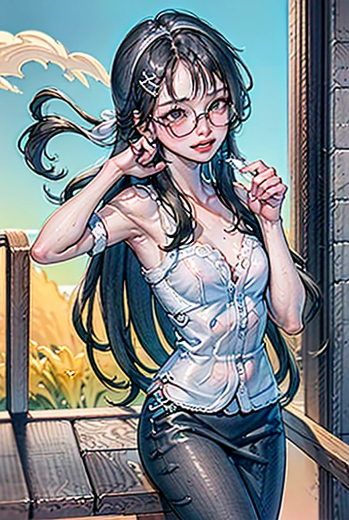 1girl, curly black hair, long hair, cute hair clips, nose band aid, winking, grey eyes, hoop earrings, thin round glasses, blue buttoned up blouse, no sleeves, 