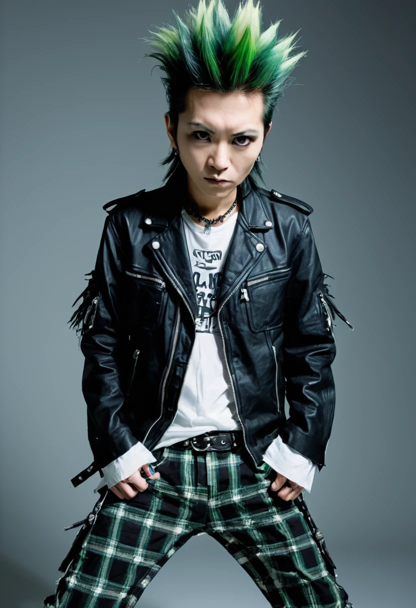 Hideto Matsumoto, a japanese man with a green and black faux hawk, grunge, neo-expressionism, punk theme, black jacket, zipper, plaid pants, white shirt, rock star magazine photoshoot, masterpiece, official art, hyperdetailed photography, 