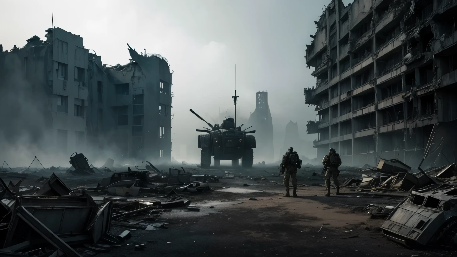 a screenshot from a dystopian science fiction film depicting a dystopian regime's oppressive and tyrannical rule. In the image, a battalion of colossal robotic exoskeletons, dark and imposing, dominates the scene. These exoskeletons are covered in sleek black armor, their design reflecting an aura of menace. They move with mechanical precision, enforcing the regime's iron grip on the populace. The landscape around them is bleak and desolate, with crumbling buildings and a sky tainted with pollution. In the foreground, frightened civilians cower in fear, their faces filled with despair and anguish. The image conveys the overwhelming power of the regime's ruthless machinery, symbolizing the stark loss of human rights and freedom under its rule