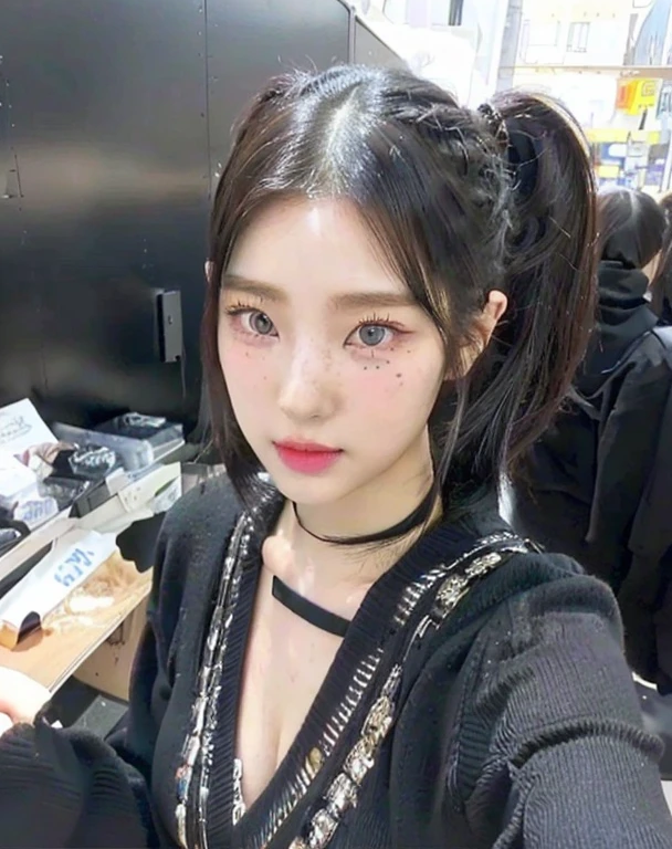 araffe girl with a ponytail and a black sweater posing for a picture and blue like eyes, ulzzang, she has black hair with bangs, twintails hairstyle, black hime cut hair, lalisa manobal, neat hair with bangs, chiho, 1  anime goth girl, lalisa manoban of blackpink, with bangs, with full bangs, 🤤 girl portrait, hyper realistic aesthetic, small freckles, hyper realistic teenager, barbie doll, freckles!!!, detailed face, realistic, Físico : el abdomen más pequeño jamás visto, jisoo from blackpink, popular south korean makeup, quality detailed ,(beautiful makeup :1.2), Wide hips, big, big ass, (best quality, 8K, masterpiece: 1.3), Clear focus: 1.2, Perfect body beauty: 1.4, strong abs, Very detailed face and skin texture. , detailed eyes, double eyelids, (long hair), having very marked curves, with greater volume in ((breasts)), 