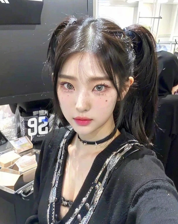 araffe girl with a ponytail and a black sweater posing for a picture and blue like eyes, ulzzang, she has black hair with bangs, twintails hairstyle, black hime cut hair, lalisa manobal, neat hair with bangs, chiho, 1  anime goth girl, lalisa manoban of blackpink, with bangs, with full bangs, 🤤 girl portrait, hyper realistic aesthetic, small freckles, hyper realistic teenager, barbie doll, freckles!!!, detailed face, realistic, Físico : el abdomen más pequeño jamás visto, jisoo from blackpink, popular south korean makeup, quality detailed ,(beautiful makeup :1.2), Wide hips, big, big ass, (best quality, 8K, masterpiece: 1.3), Clear focus: 1.2, Perfect body beauty: 1.4, strong abs, Very detailed face and skin texture. , detailed eyes, double eyelids, (long hair), having very marked curves, with greater volume in ((breasts)), 