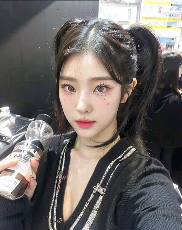 araffe girl with a ponytail and a black sweater posing for a picture and blue like eyes, ulzzang, she has black hair with bangs, twintails hairstyle, black hime cut hair, lalisa manobal, neat hair with bangs, chiho, 1  anime goth girl, lalisa manoban of blackpink, with bangs, with full bangs, 🤤 girl portrait, hyper realistic aesthetic, small freckles, hyper realistic teenager, barbie doll, freckles!!!, detailed face, realistic, Físico : el abdomen más pequeño jamás visto, jisoo from blackpink, popular south korean makeup, quality detailed ,(beautiful makeup :1.2), Wide hips, big, big ass, (best quality, 8K, masterpiece: 1.3), Clear focus: 1.2, Perfect body beauty: 1.4, strong abs, Very detailed face and skin texture. , detailed eyes, double eyelids, (long hair), having very marked curves, with greater volume in ((breasts)), 