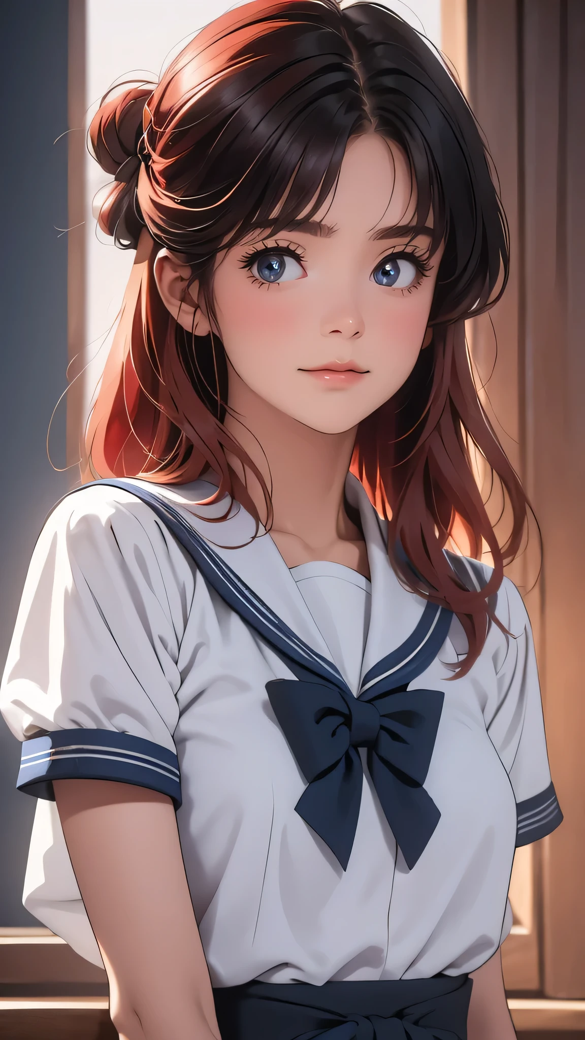 ((Masterpiece)), envision a 8k, highres, cinematic, extremely beautiful semi realistic close up portrait of a beautiful mature lady with a strong face, slender body, , sweet face, sailor uniform ,((red hair tie)), ((short black hair)), blush, smile, flustered, side locks,  round face, long sweeping bangs, blue eyes, soft lips, lip gloss, thick eyebrows, round face, ((((1girl)))), in dark lighting, against a dark gray background