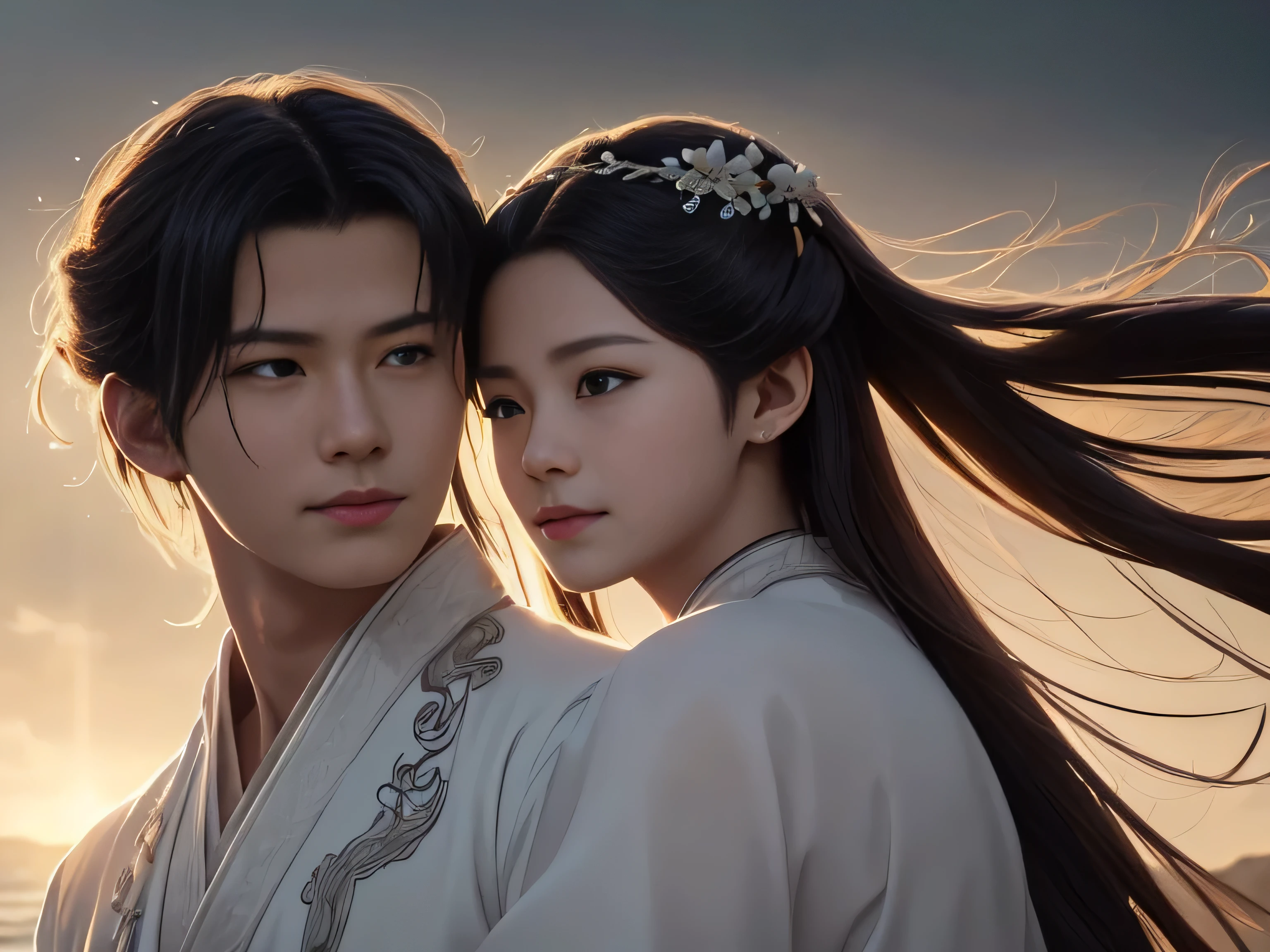 (Best Quality, Super Detail, Masterpiece, Representative Work, Official Art, Professional, Super Fine Detail, 8k:1.3), (photorealism:1.2), (Couple, Beautiful Girl and Boy), A couple in the sea of flowers, Handsome guy hugs beautiful girl from behind, Smiling and Wearing White Clothes, Delicate Hair, Chinese Beauty and Handsome Man, Wearing Ancient Chinese Clothes, Flowing Tulle, Light Silk, Create a movie poster similar to those used in Chinese romantic fantasy dramas, Correct proportions, Perfect face, perfect hands, Sweet atmosphere, Photorealistic, Sharp Focus, Dreamy Atmosphere, Delicate Details, Soft Volumetric Light, (Backlight:1.3), (Cinematic:1.2), Intricate Details, (ArtStation:1.3)