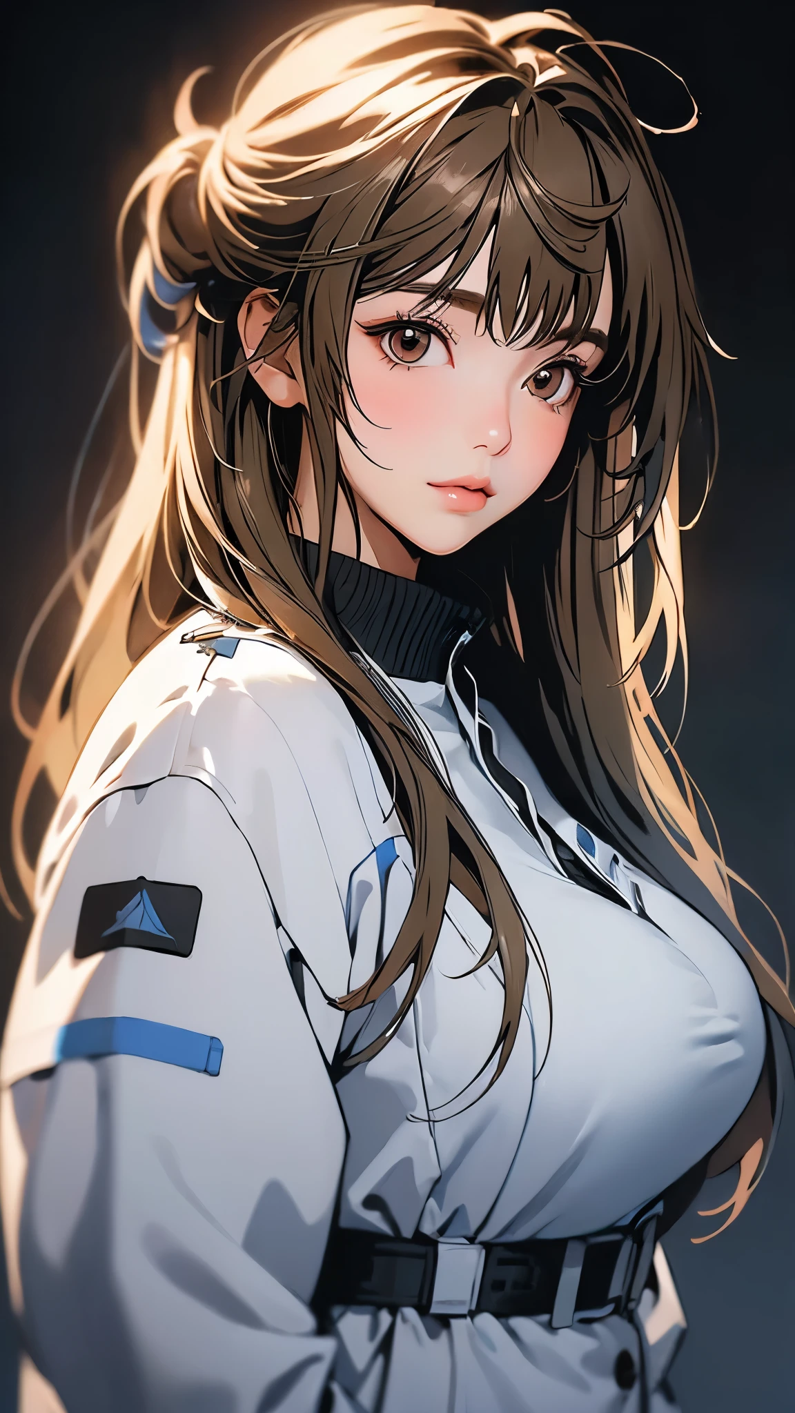 ((Masterpiece)), envision a 8k, highres, cinematic, extremely beautiful semi realistic portrait of a beautiful Asian Girl with a cute face, slender curvy body, ((Big Breasts)), soft face, fluffy long brown hair, side locks, long sweeping bangs, (brown eyes), soft lips, lip gloss, thick eyebrows, (((ahoge))), Paramedic, Emt, Bomber Jacket, Medical Uniform, ((((1girl)))), in dark lighting, against a dark gray background