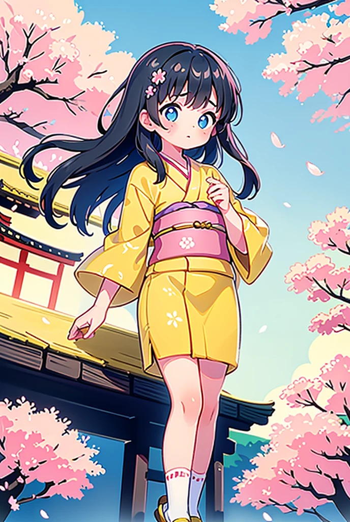 1girl, straight black hair, pink and yellow kimono, looking thoughtfully, holding cherry blossom leaves, white frilly socks, blue eyes, Japan background