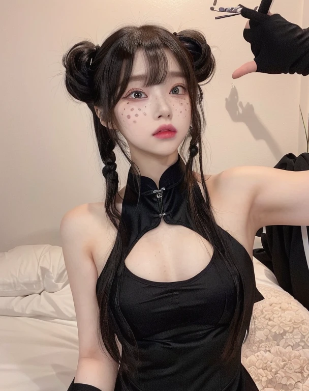 there is a woman in a black dress posing for a picture, with black pigtails, anime girl cosplay, belle delphine, anime girl in real life, japanese goddess, chinese girl, shikamimi, kanliu666, anime cosplay, asian girl, black hime cut hair, trending at cgstation, cheongsam, chinese style, 🤤 girl portrait, hyper realistic aesthetic, small freckles, hyper realistic teenager, barbie doll, freckles!!!, detailed face, realistic, Físico : el abdomen más pequeño jamás visto, jisoo from blackpink, popular south korean makeup, quality detailed ,(beautiful makeup :1.2)