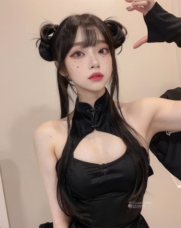 there is a woman in a black dress posing for a picture, with black pigtails, anime girl cosplay, belle delphine, anime girl in real life, japanese goddess, chinese girl, shikamimi, kanliu666, anime cosplay, asian girl, black hime cut hair, trending at cgstation, cheongsam, chinese style, 🤤 girl portrait, hyper realistic aesthetic, small freckles, hyper realistic teenager, barbie doll, freckles!!!, detailed face, realistic, Físico : el abdomen más pequeño jamás visto, jisoo from blackpink, popular south korean makeup, quality detailed ,(beautiful makeup :1.2)