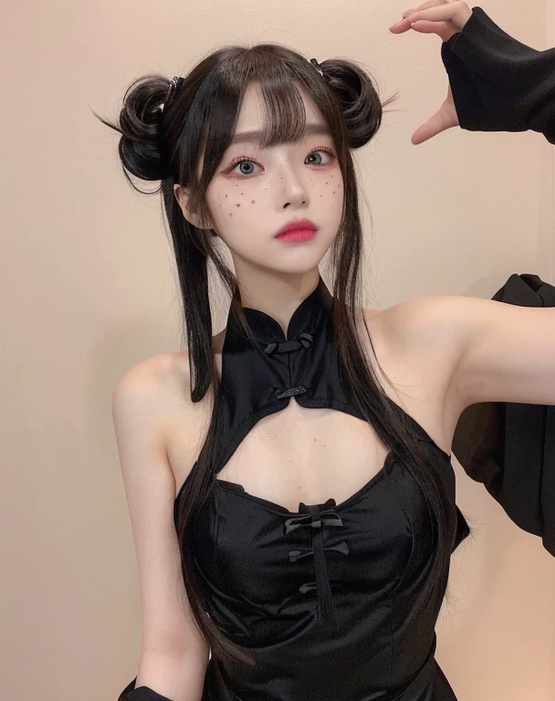 there is a woman in a black dress posing for a picture, with black pigtails, anime girl cosplay, belle delphine, anime girl in real life, japanese goddess, chinese girl, shikamimi, kanliu666, anime cosplay, asian girl, black hime cut hair, trending at cgstation, cheongsam, chinese style, 🤤 girl portrait, hyper realistic aesthetic, small freckles, hyper realistic teenager, barbie doll, freckles!!!, detailed face, realistic, Físico : el abdomen más pequeño jamás visto, jisoo from blackpink, popular south korean makeup, quality detailed ,(beautiful makeup :1.2)