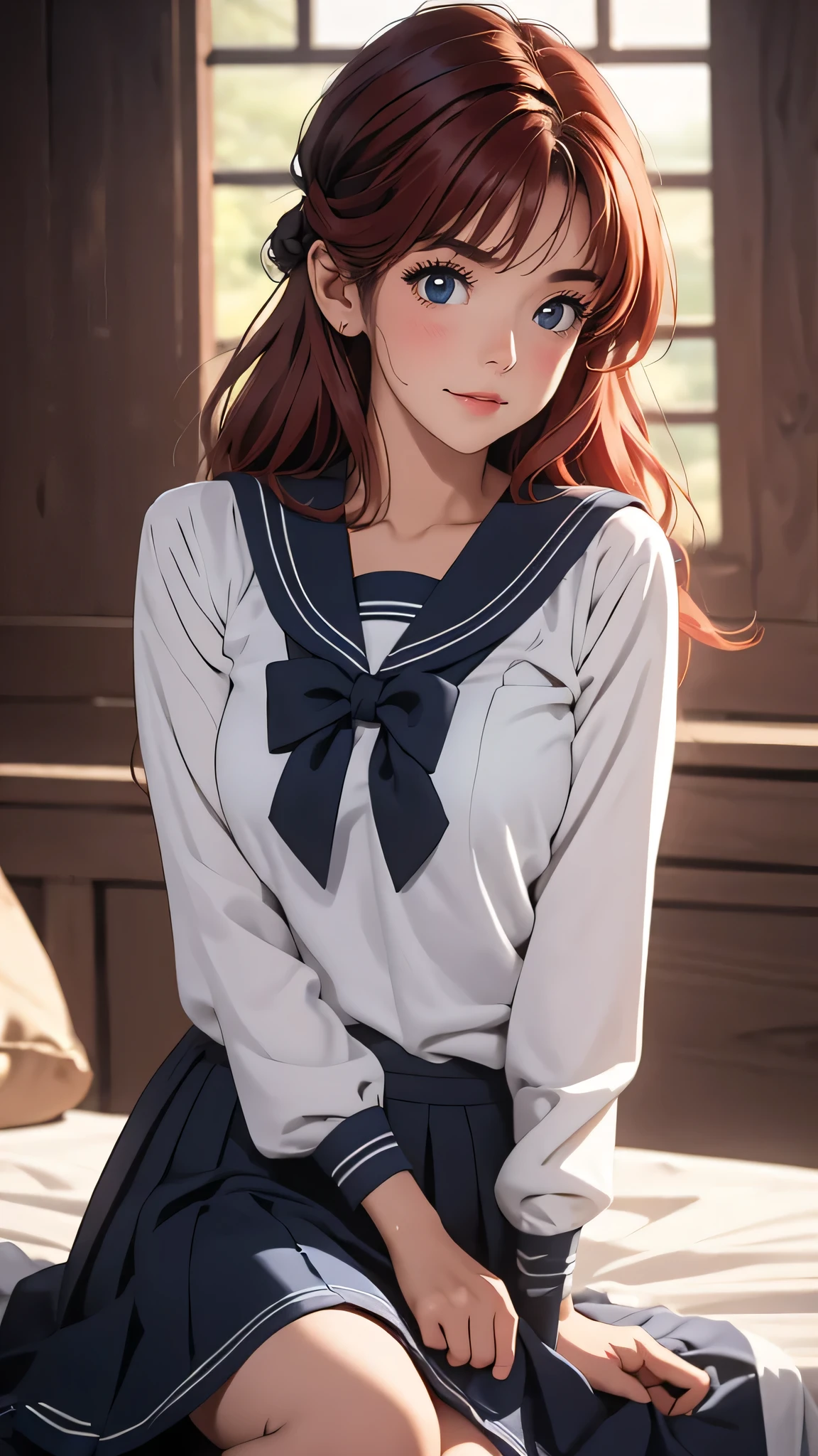 ((Masterpiece)), envision a 8k, highres, cinematic, extremely beautiful semi realistic full body pinup of a beautiful mature lady with a strong face, slender body, , sweet face, sailor uniform ,((red hair tie)), ((short black hair)), blush, smile, flustered, side locks,  round face, long sweeping bangs, blue eyes, soft lips, lip gloss, thick eyebrows, round face, ((((1girl)))), in dark lighting, against a dark gray background