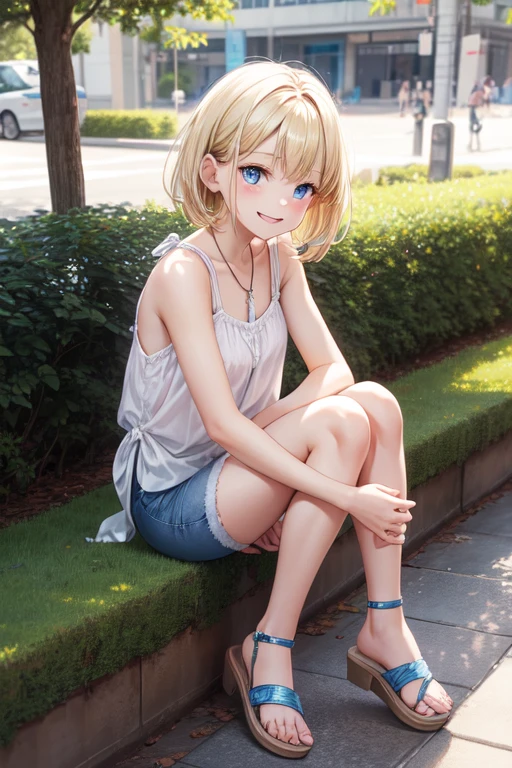 absurderes, (独奏:1.5,)ultra-detailliert,bright colour, extremely beautiful detailed anime face and eyes, view straight on, ;D, shiny_skin,25 years old, Short hair, , asymmetrical bangs, Blonde hair with short twin tails, Shiny hair, Delicate beautiful face, red blush、(Blue eyes), White skin, hair clips, earrings,Brown cardigan、White inner、Black loafers、Argyle check skirt、Blushing、Aimei、early evening、Lots of rice fields、Big sunset、Orange view、Small necklace、