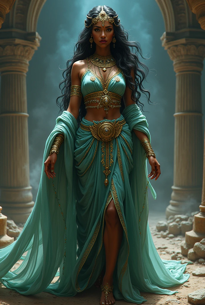 Make a portrait of mysterious Indian queen with wearing lots of jewellery who hide her face and crying blood tears with long ghunghat hide her face in red saree with sand clock