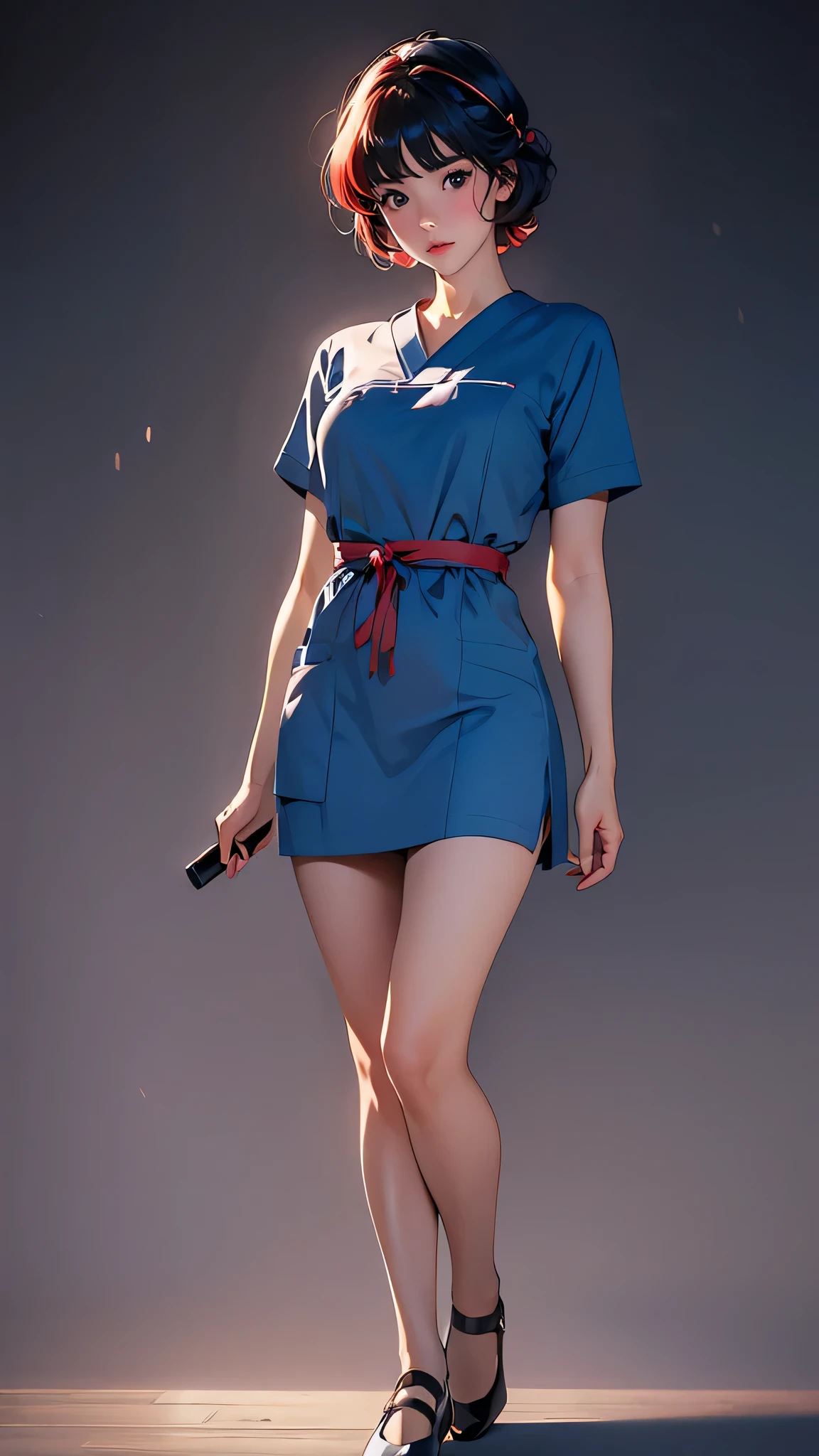 ((Masterpiece)), envision a 8k, highres, cinematic, extremely beautiful semi realistic full body pinup of a beautiful mature lady with a strong face, slender body, , sweet face, blue nurse scrubs ,((red hair tie)), ((short black hair)), blush, smile, flustered, side locks,  round face, long sweeping bangs, blue eyes, soft lips, lip gloss, thick eyebrows, round face, ((((1girl)))), in dark lighting, against a dark gray background