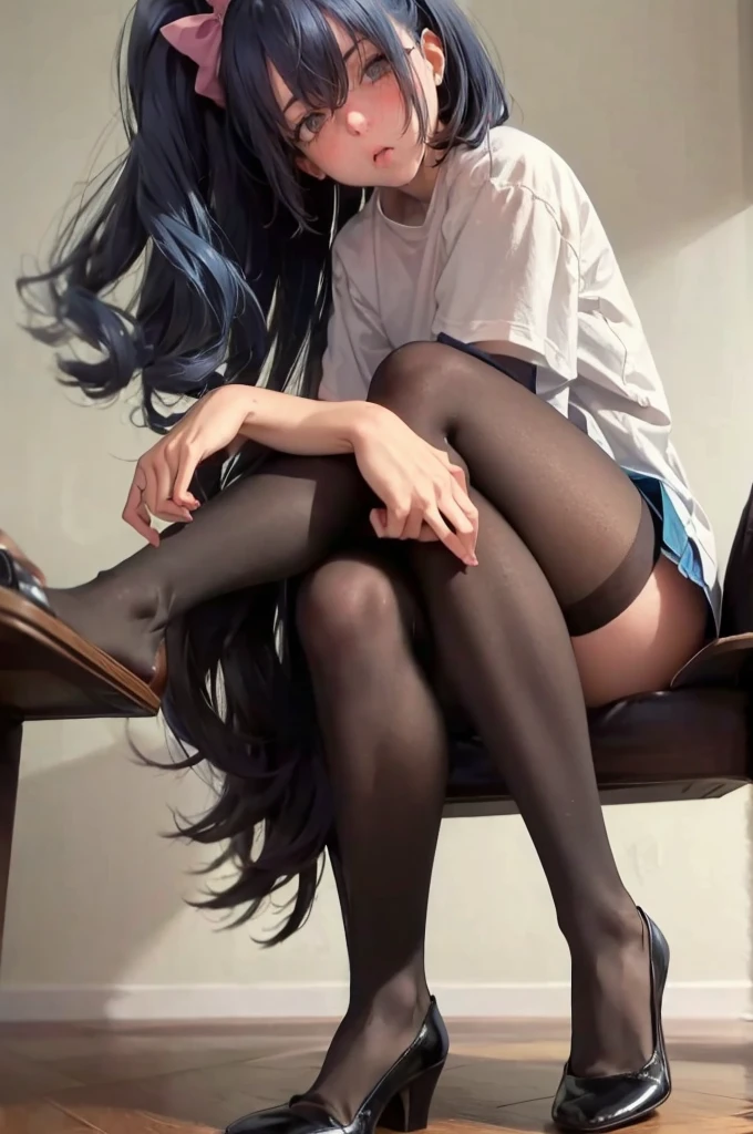 Masterpiece, 8k, Beauty, very curly blue hair, head bow, very tiny miniskirt, pantyhose, sitting crossed legs, giving a man a blowjob
