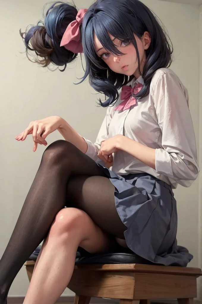 Masterpiece, 8k, Beauty, very curly blue hair, head bow, very tiny miniskirt, pantyhose, sitting crossed legs, giving a man a blowjob
