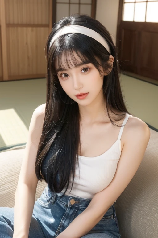 masutepiece, Best Quality, Illustration, Ultra-detailed, finely detail, hight resolution, 8K Wallpaper, Perfect dynamic composition, Beautiful detailed eyes, Women's Winter Fashion,Ponytail hair, black hair, natural, cerly hair, big breasts natural color lip, Bold sexy poses,Smile,Harajuku、18 years girl、Cute、Sexy shot looking at camera, in the bed room,