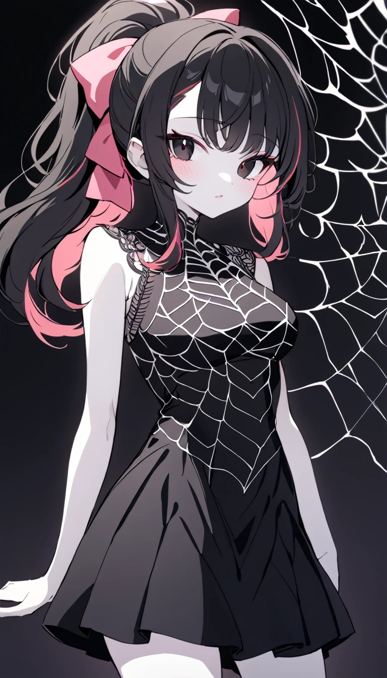 1 Girl, Medium Breasts, Raven Black Hair, Light Red Highlights In Hair, Ponytail Hair Style, Pink Ribbon In Hair, Long Hair, Light Red And Black Eyes, Pale Skin, Smooth Skin, Soft Features, Nice Lips, Cute Face, Black Spider Web Lace Dress, Dress Made Of Spider webs and Lace,  