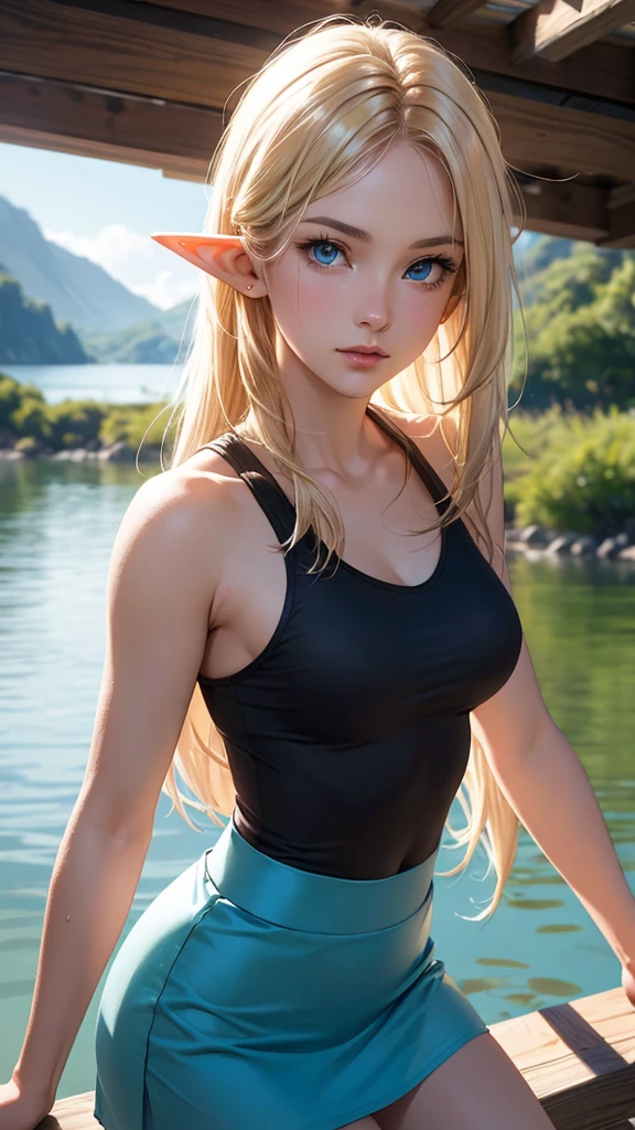 A photorealistic))) 3/4 shot, photograph of, a woman, from behind, looking over her shoulder, happy about what she's looking at, smiling, straight hair, blonde highlights, naked, kneeling in the river, summer day, masterpiece, UHD, natural light, realistic, (((handsome, realistic detail, natural human skin texture, pores)))