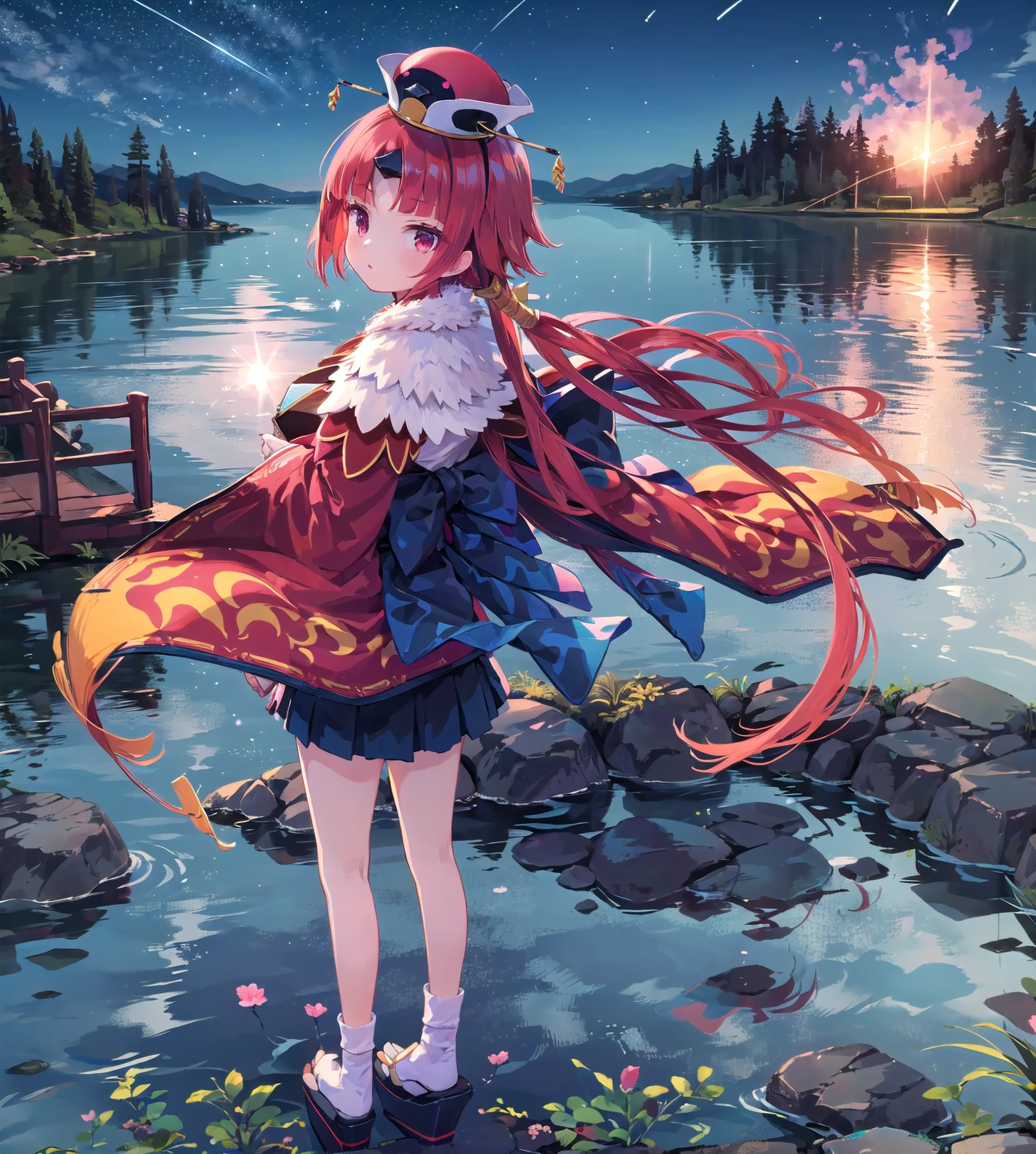 ((masterpiece,best quality:1.2)),((blue lake:1.3)),((meteor:1.4)),night:1.2,magnificent panorama view,back,((Blue light:1.2)),on the water:1.3,1girl,be_nienma,wide sleeves,((red japanese clothes:1.2)),red hair, parted sleeves past wrists,Black mini skirt,hat,background,geta