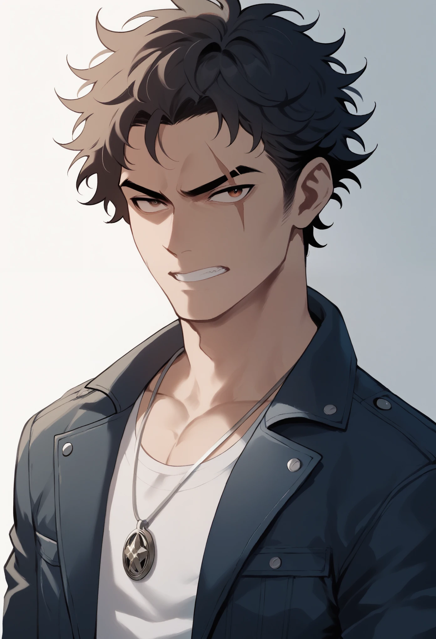Create an anime-style male character with a unique, minimalist look. He must have short, messy hair, in a shade of dark blue, and wear a light, modern jacket, with sober colors and simple lines. Your gaze is penetrating, expressing both humor and deep seriousness when necessary. He must convey an aura of overcoming and willpower., with a confident and determined posture. Add details that represent your stoicism, like a symbolic necklace or a scar that tells your story. This character should inspire comfort and responsibility., radiating a positive energy that attracts others to trust him.
