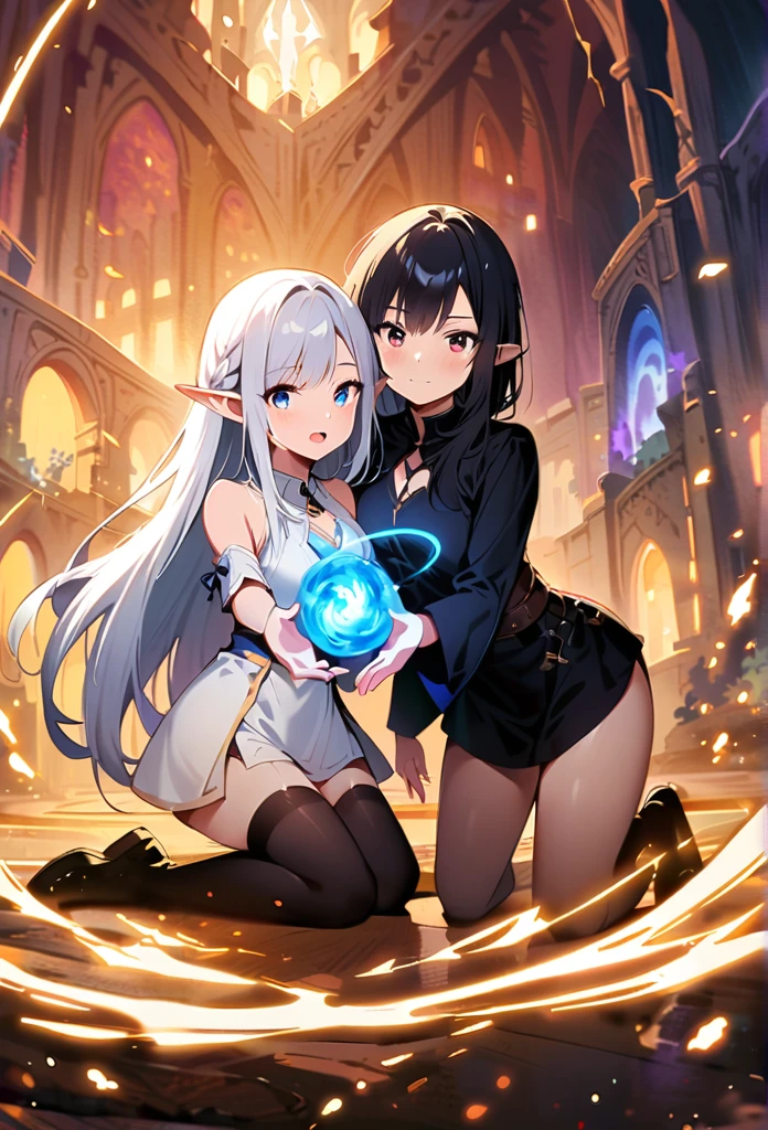 Dark Elf, 2girls, pointy ears, thighhighs, long hair, kneeling, black hair, looking at viewer, white hair, magic movie scene，fantasy，magic