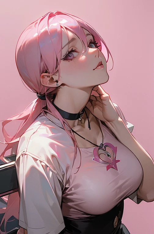 Cool women、sexy、Center of chest、Rize from Chainsaw Man、beauty、Yandere、、Face close-up、Kiss with your eyes closed、Chest tattoo、Christian Dior Necklace、(Background white)、(Twin tails)、((Pink Hair))