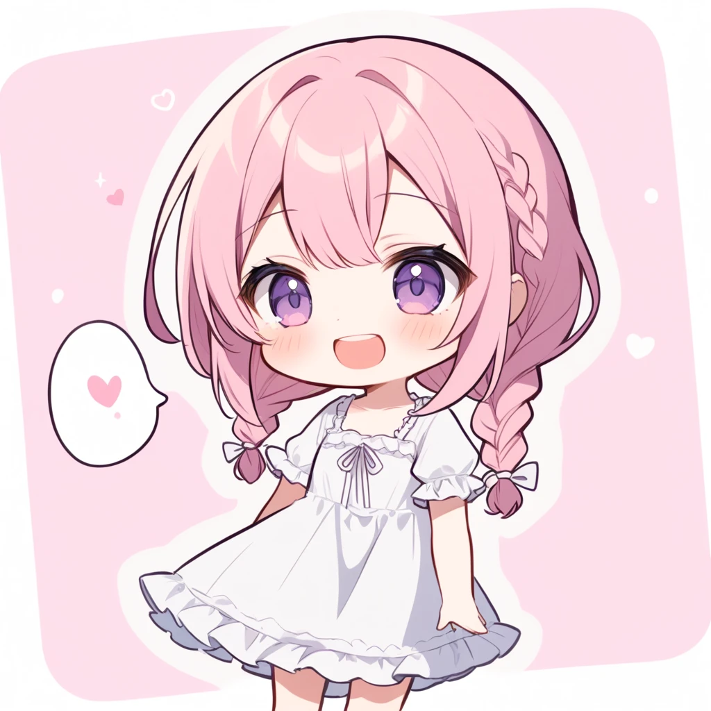 pink hair, purple eyes, girl, braids with the ends tied up,laugh, chibi, white frilly nightgown, short sleeves