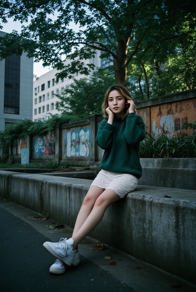 A cinematic film photo shoot in hongkong city street, shot on mamiya R67 with 35mm lens and f-1.4, intricate high angle view, there was a young pretty japanese idol girl with warm expression and beautiful ayes, sitting astride on the concrete fence with graffiti art wall, right hand on the neck and left hand cares for hair, dramatic pose, in minimal lace dress in oversize old green sweater jacket with sneakers, open your legs, messy long hairstyle, natural moody, poetic style, reality of life, late afternoon, windy, dramatic neon light and ambient, very ultra highly detailed, sharp focus, extremely high quality photo, film bokeh, japanese analog film photo looks, photoreal