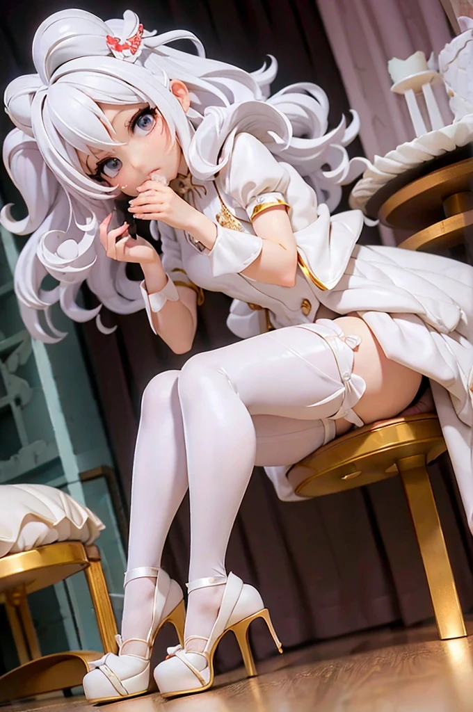 Masterpiece, 8k,  very curly white  hair,  head bow,  very tiny miniskirt,  pantyhose,  sitting crossed legs,  giving a man a blowjob 